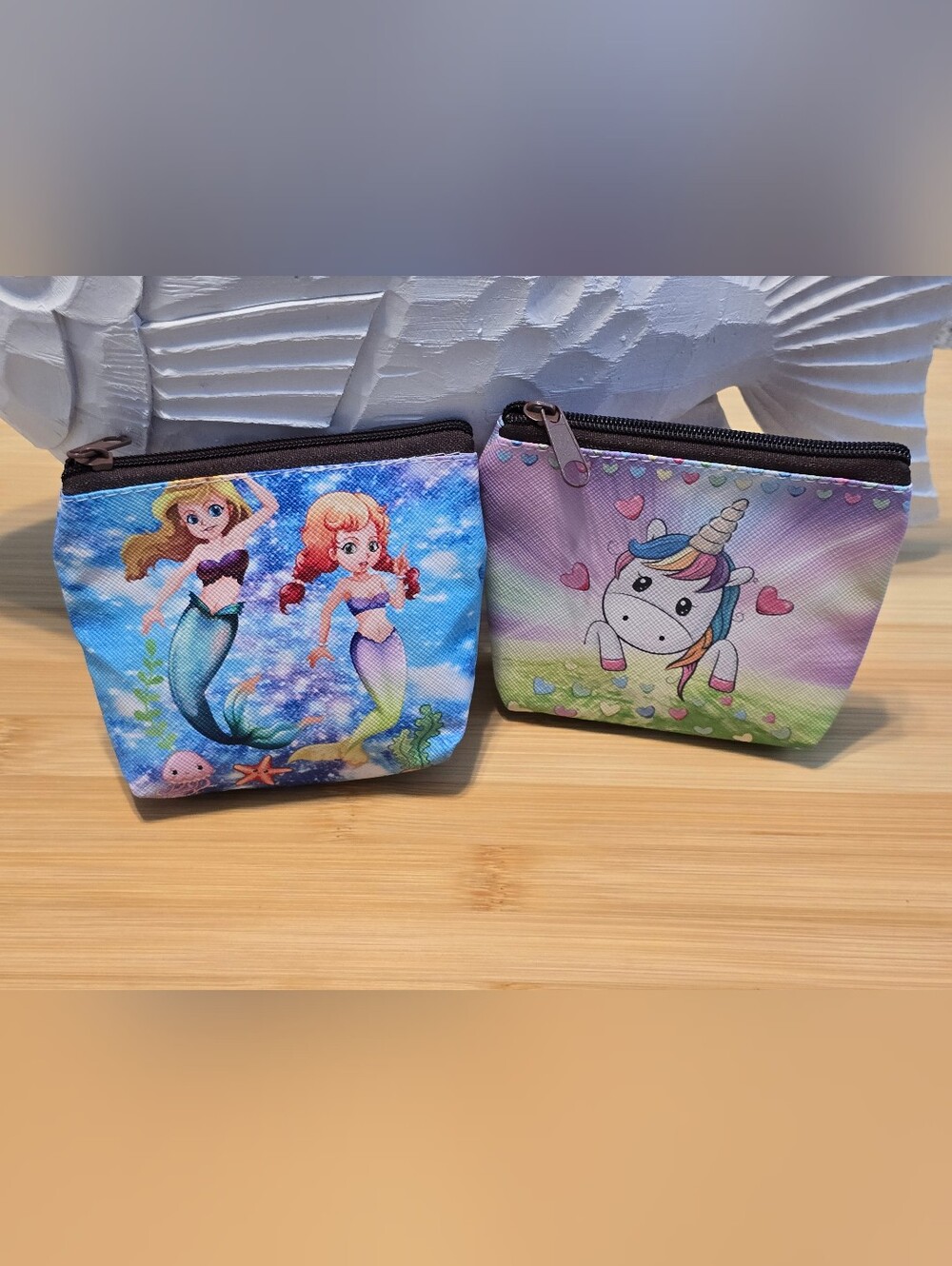 Set of 2 Anime Mermaid and Cartoon Unicorn Mini Coin Purses Zipper Pouches Brand